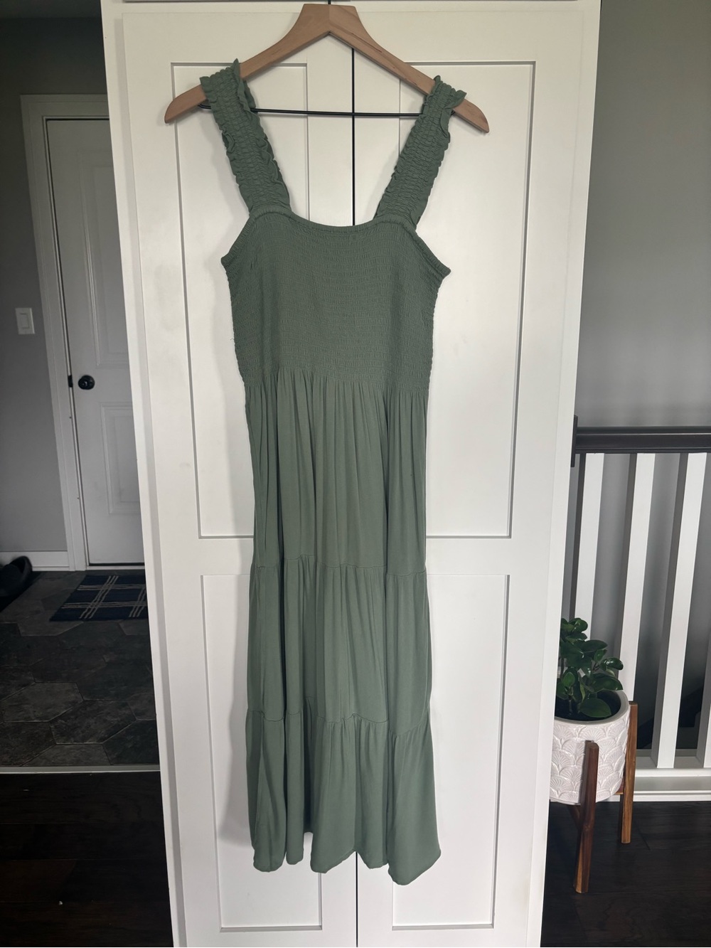 aerie Moss Green Smocked Tiered Maxi Dress with Ruffled Straps